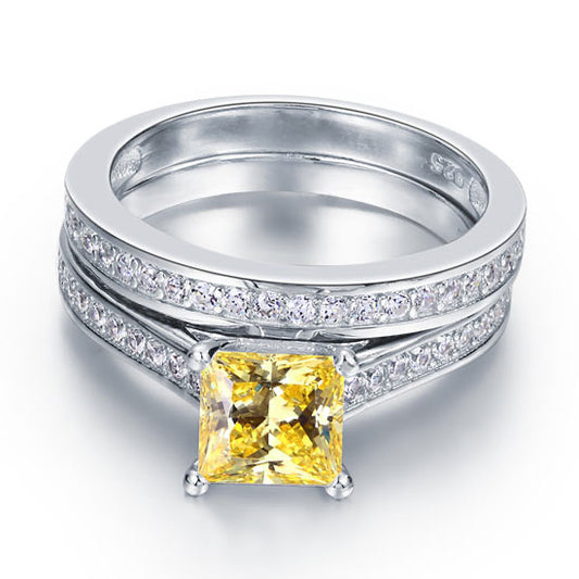 1.5 Ct Princess Cut Yellow Created Diamond Engagement Ring Set 925 Sterling Silver