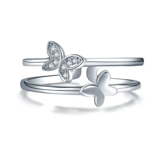 Solid 925 Sterling Silver Created Diamond Butterfly Open Ring