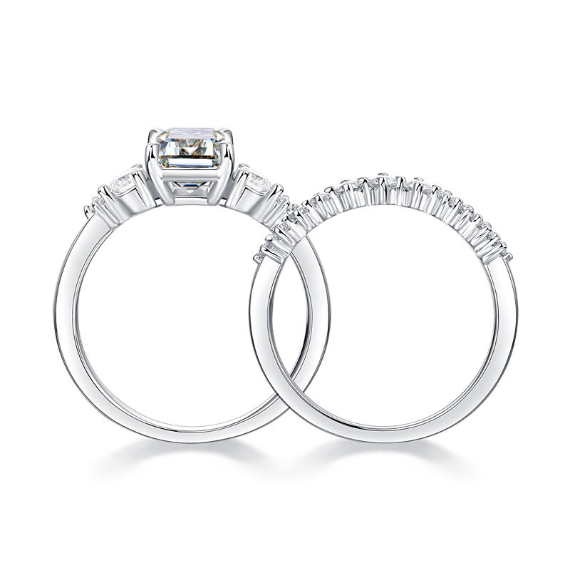 2 Carat Emerald Cut Moissanite Diamond Engagement Ring Set ( 2 pcs) 925 Sterling Silver