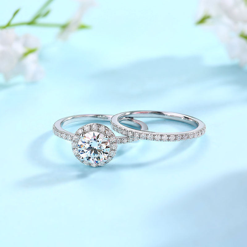 1 Carat Round Moissanite Diamond Halo Engagement Ring Set (1 pcs / 2 pcs) 925 Sterling Silver