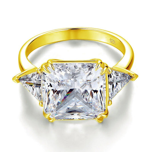 8 Carat Princess Cut Three Stone Created Diamond Gold Vermeil 925 Sterling Silver Statement Ring