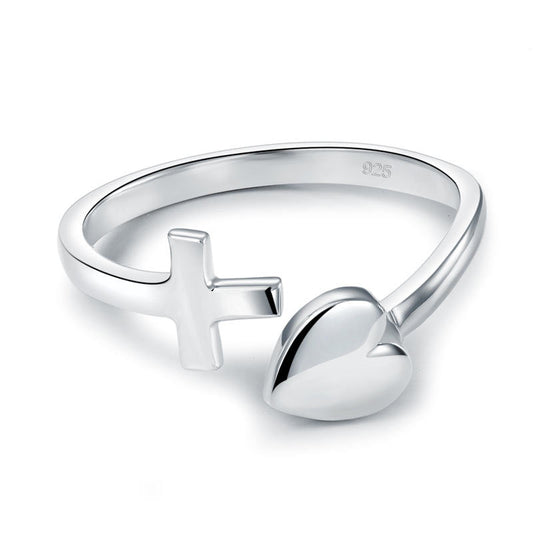 Solid 925 Sterling Silver Ring Cross Heart Open Ring