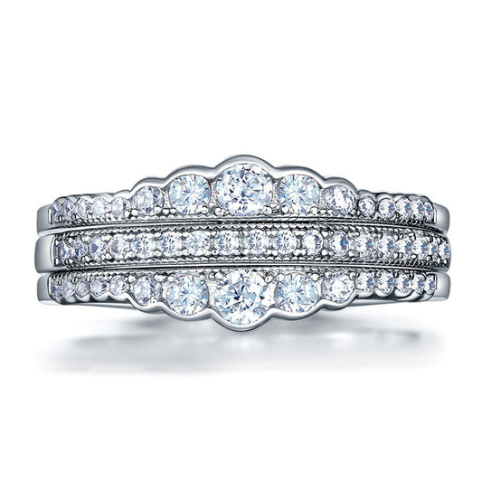 Solid 925 Sterling Silver Created Diamond Wedding Band Ring Set 3-Pieces Anniversary