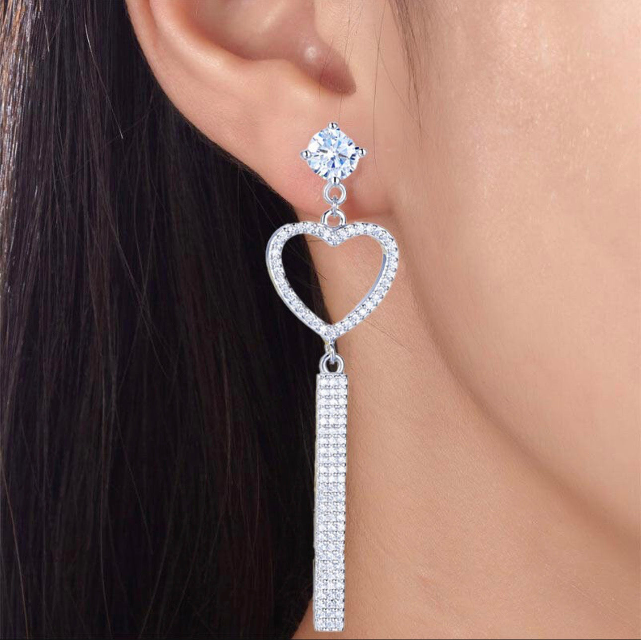 Dangle Heart Created Diamond Solid 925 Sterling Silver Earrings