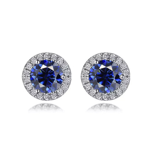 1 Carat Round Cut Lab Sapphire Created Diamond Halo Stud Earrings 925 Sterling Silver