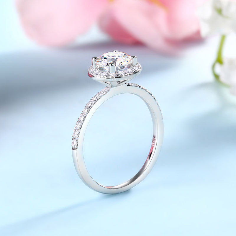 1 Carat Round Moissanite Diamond Halo Engagement Ring Set (1 pcs / 2 pcs) 925 Sterling Silver