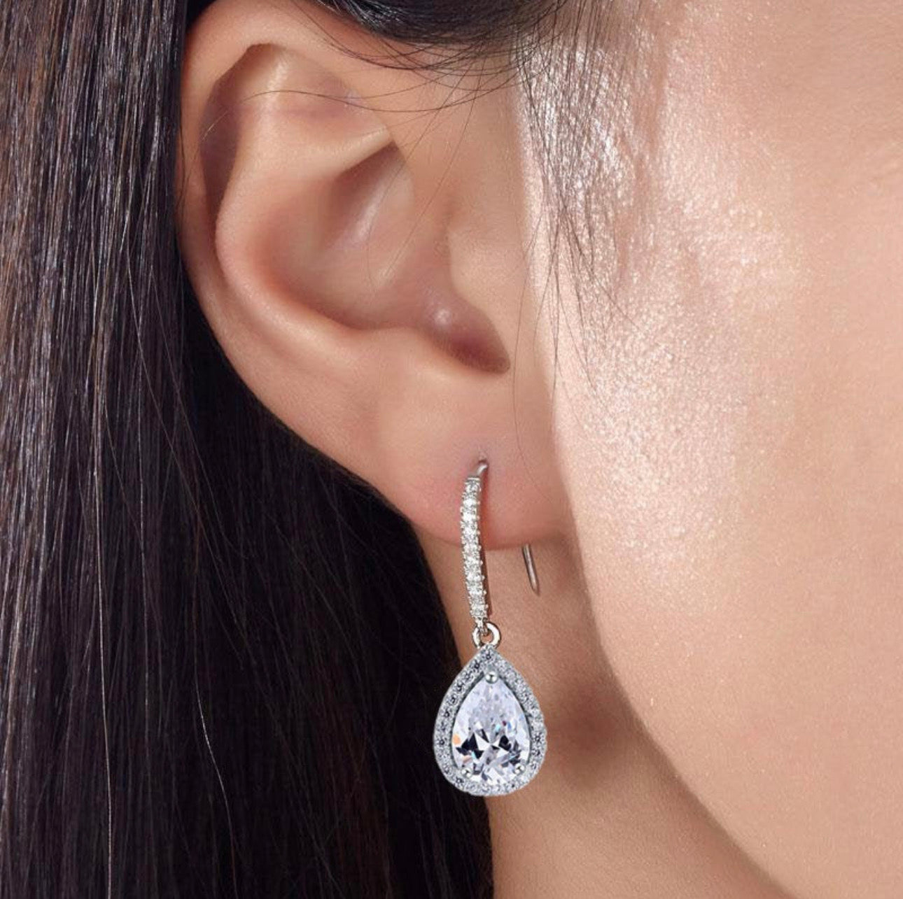 2 Carat Pear Cut Halo Created Diamond Dangle Earrings 925 Sterling Silver