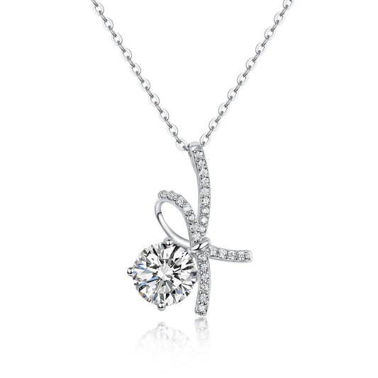 1 Carat Round Cut Moissanite Diamond Bow Necklace 925 Sterling Silver