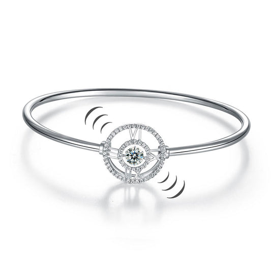 Roman Number Created Diamond Dancing Stone Bangle Solid 925 Sterling Silver For Women Bracelets