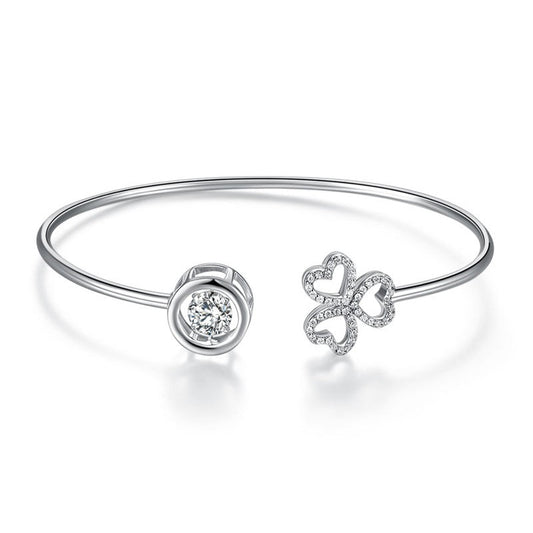 Dancing Created Diamond Stone 3 Hearts Flower Bangle Solid 925 Sterling Silver Bracelets