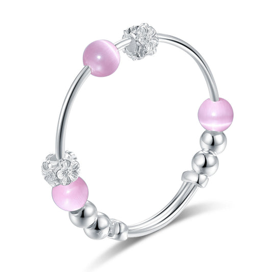 Newborn 999 Silver Baby Pink Cat Eye Stone Bangle Bracelets