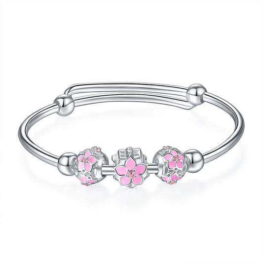 Newborn Baby 999 Pure Silver Pink Flower Bangle Bracelets