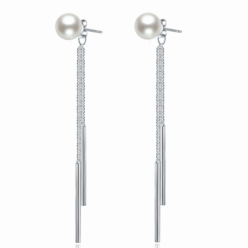 925 Sterling Silver Pearl Chain Drop Dangle Earrings