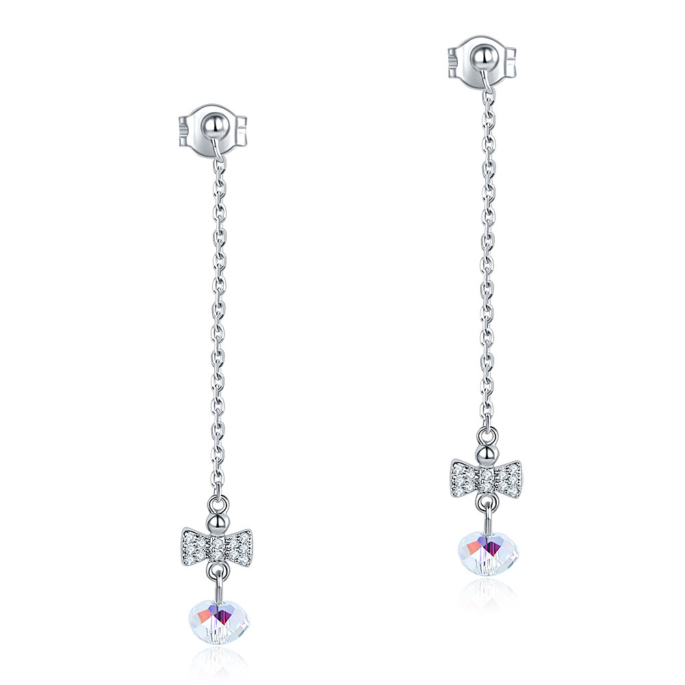 Solid 925 Sterling Silver Drop Dangle Created Diamond Bow Ab Crystal Earrings