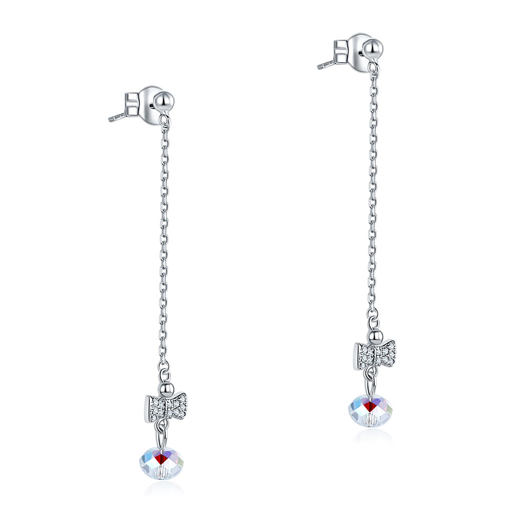 Solid 925 Sterling Silver Drop Dangle Created Diamond Bow Ab Crystal Earrings