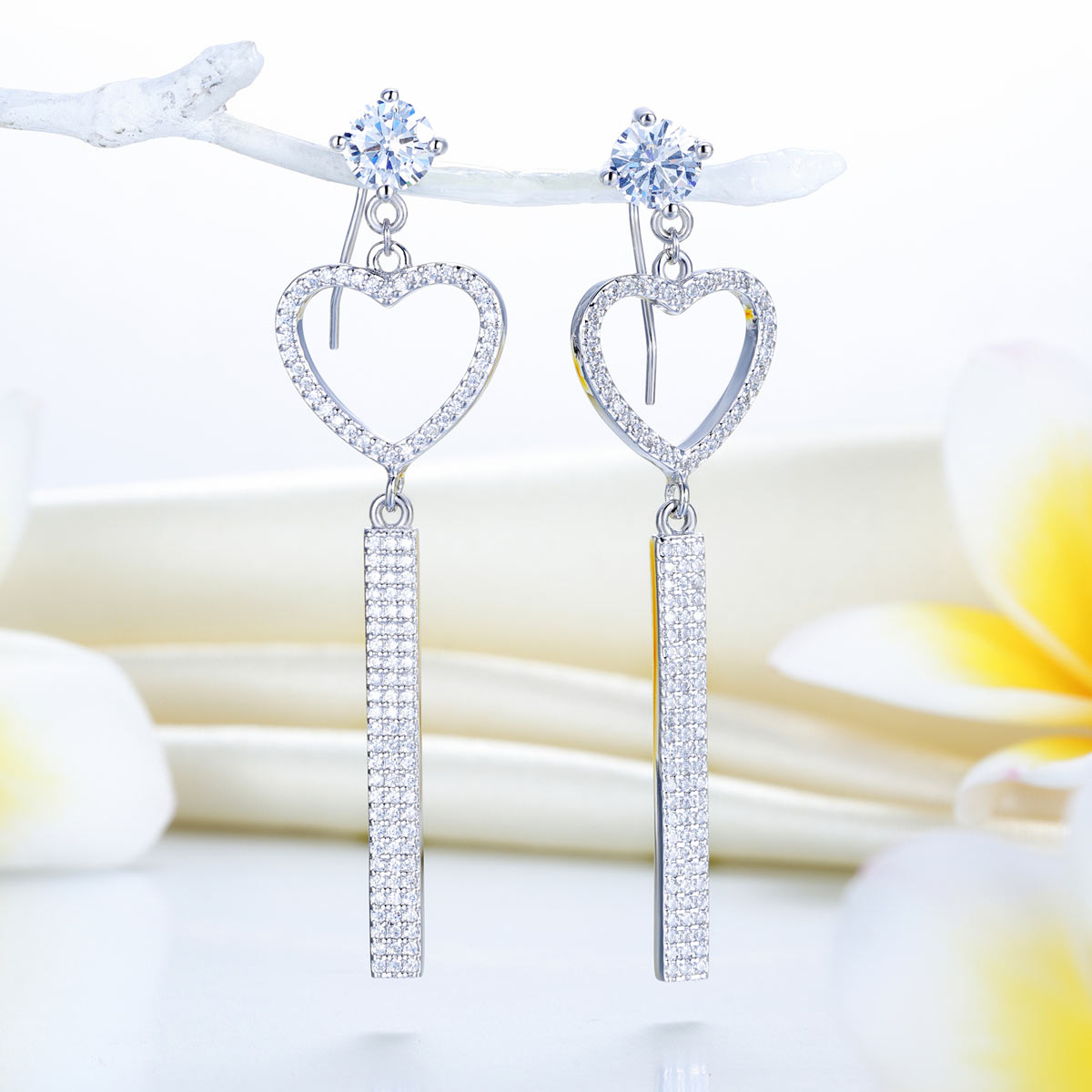 Dangle Heart Created Diamond Solid 925 Sterling Silver Earrings