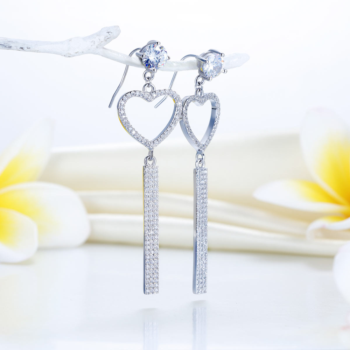 Dangle Heart Created Diamond Solid 925 Sterling Silver Earrings