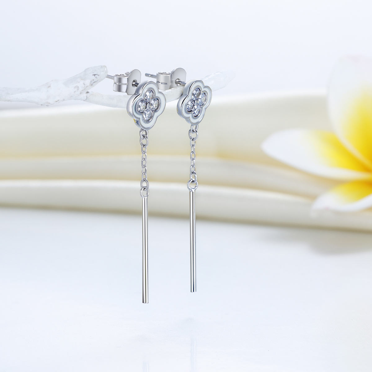 Floral Created Diamond Dangle Earrings 925 Sterling Silver