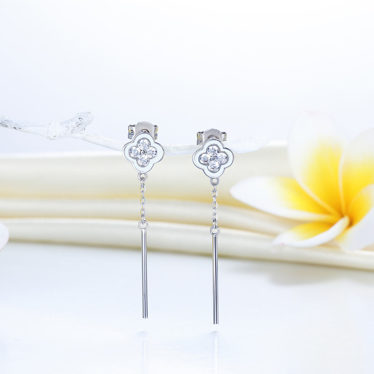 Floral Created Diamond Dangle Earrings 925 Sterling Silver