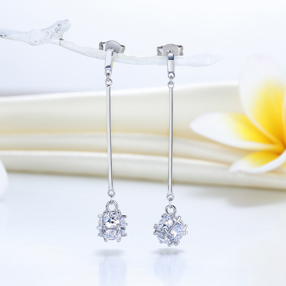 Elegant Solid 925 Sterling Silver Earrings Dangle Cube Created Diamonds