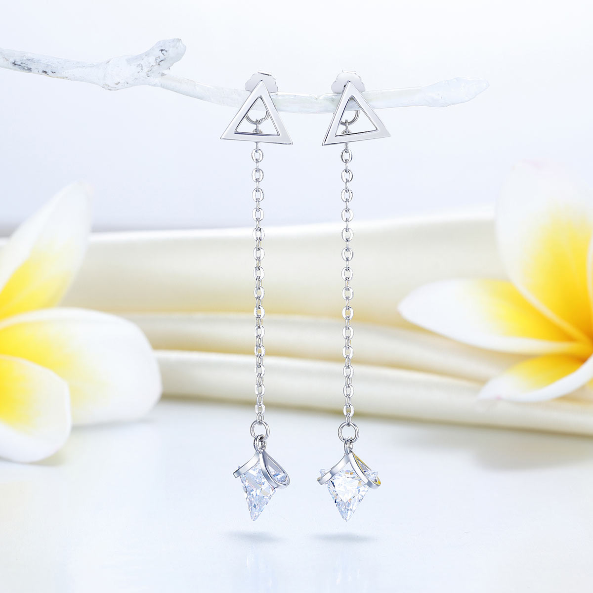 Triangle Created Diamond Dangle Earrings 925 Sterling Silver