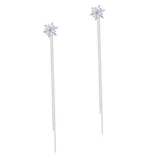 Long Elegant Solid 925 Sterling Silver Earrings Flowers Created Diamonds