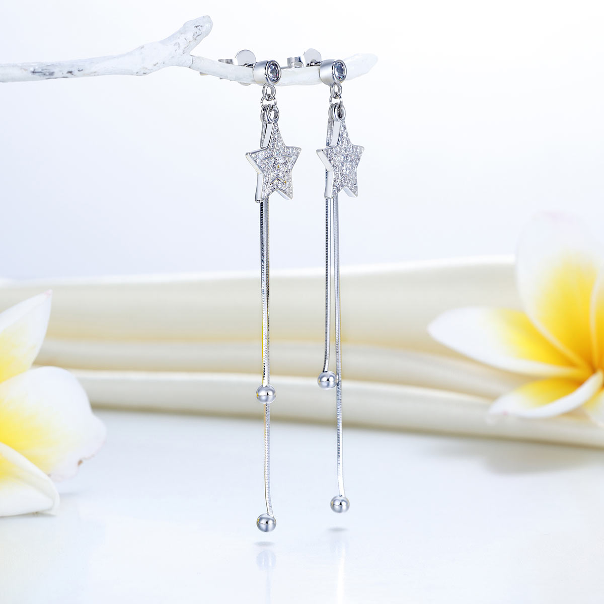 Long Elegant Solid 925 Sterling Silver Earrings Star Created Diamonds