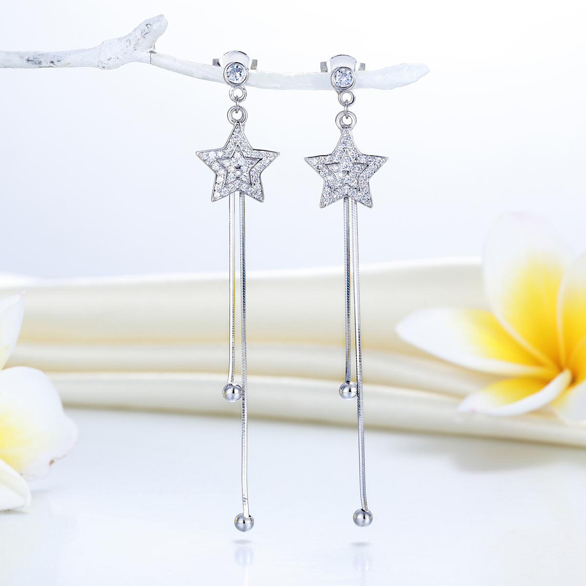 Long Elegant Solid 925 Sterling Silver Earrings Star Created Diamonds