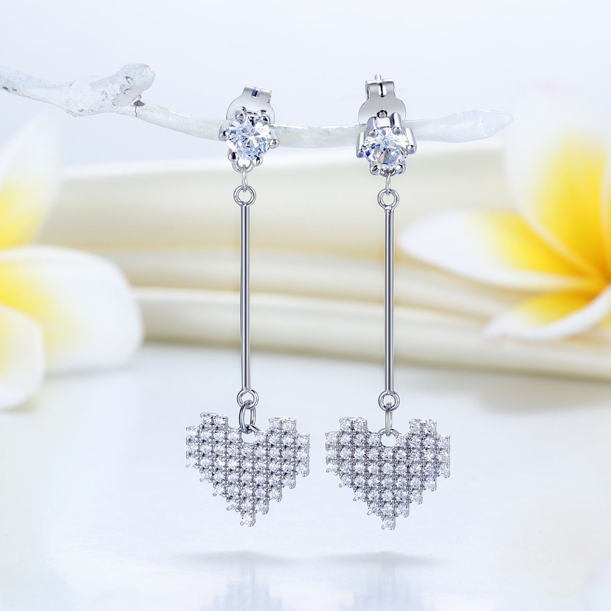 Heart Created Diamond Dangle Earrings 925 Sterling Silver