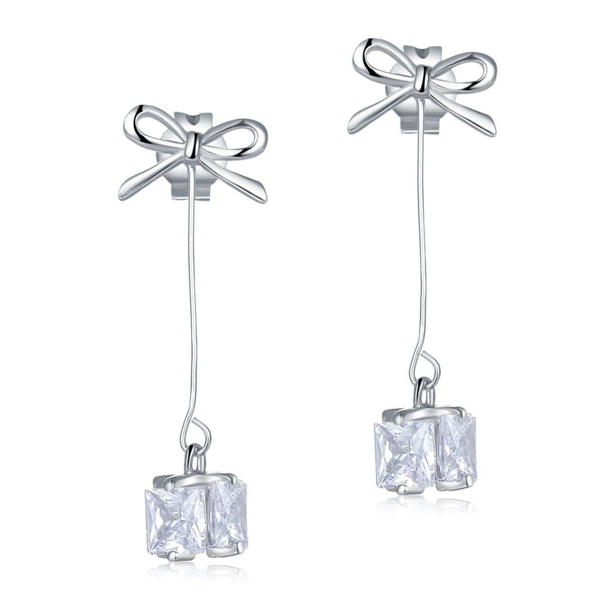 925 Sterling Silver Bowknot Created Diamond Dangle Earrings