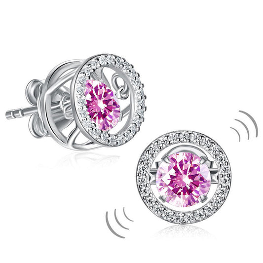 Round Dancing Created Pink Diamond Halo Stud Earrings 925 Sterling Silver