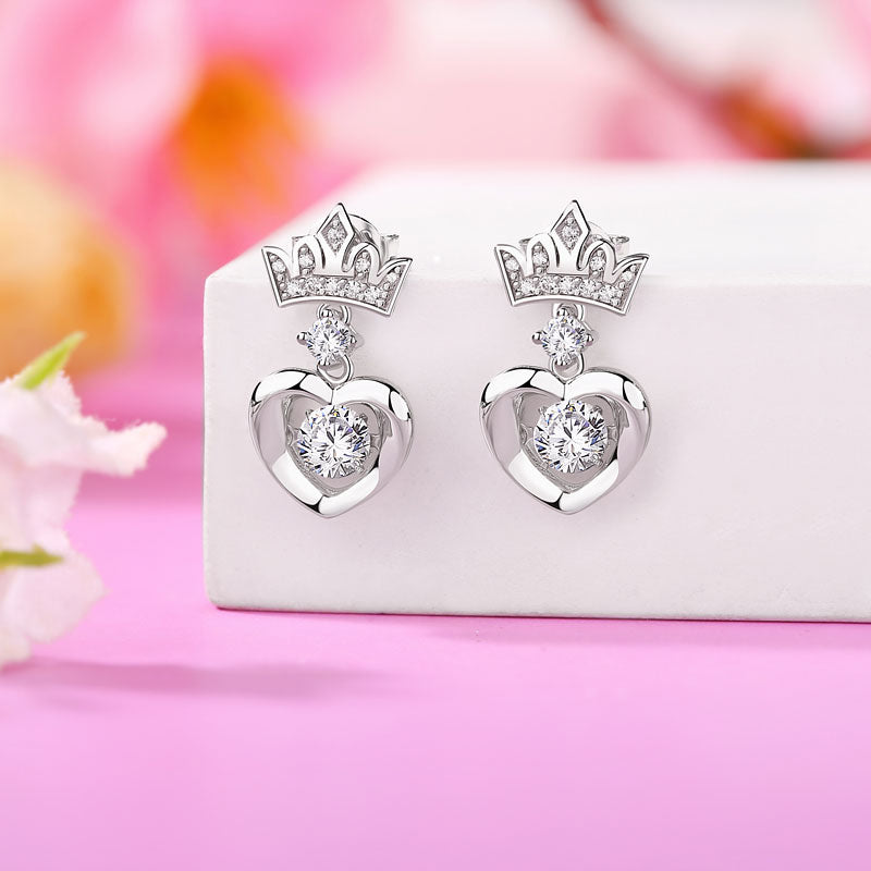 Crown Heart Dancing Create Diamond Dangle Earrings 925 Sterling Silver