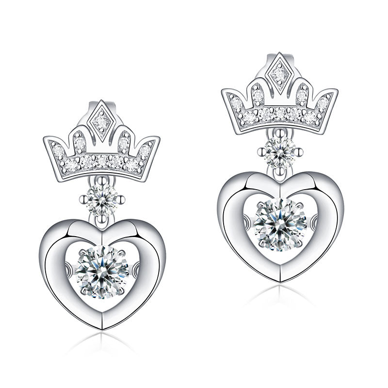 Crown Heart Dancing Create Diamond Dangle Earrings 925 Sterling Silver