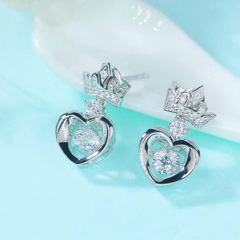 Crown Heart Dancing Create Diamond Dangle Earrings 925 Sterling Silver