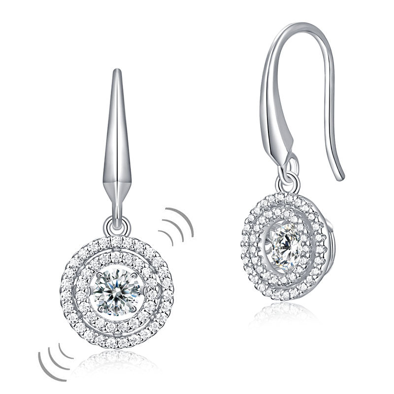 Double Halo Round Cut Dancing Created Diamond Dangle Earrings 925 Sterling Silver