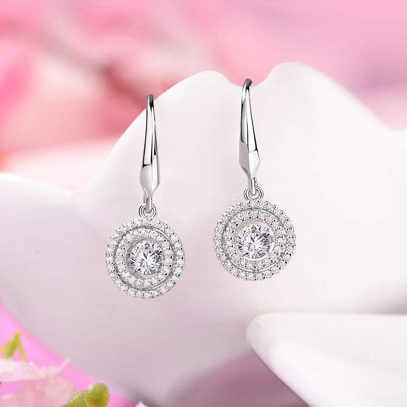 Double Halo Round Cut Dancing Created Diamond Dangle Earrings 925 Sterling Silver