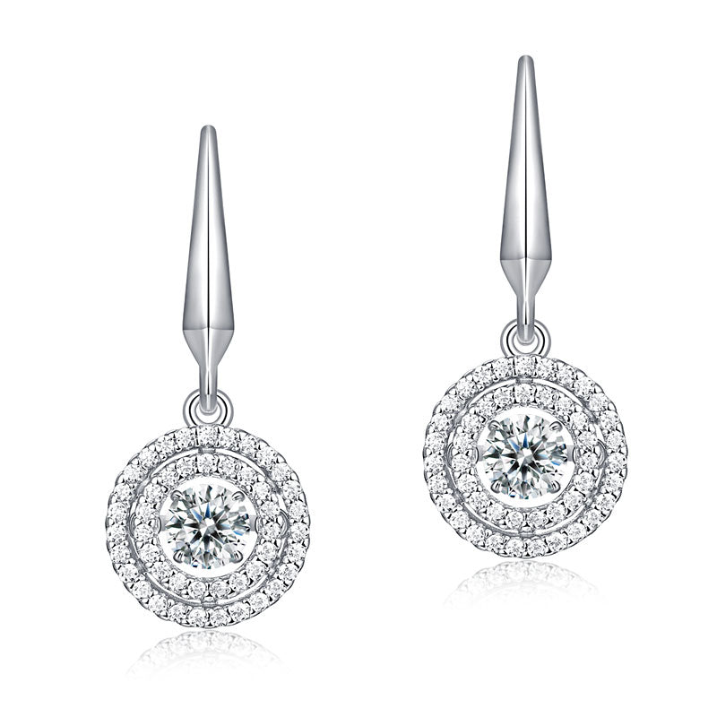 Double Halo Round Cut Dancing Created Diamond Dangle Earrings 925 Sterling Silver