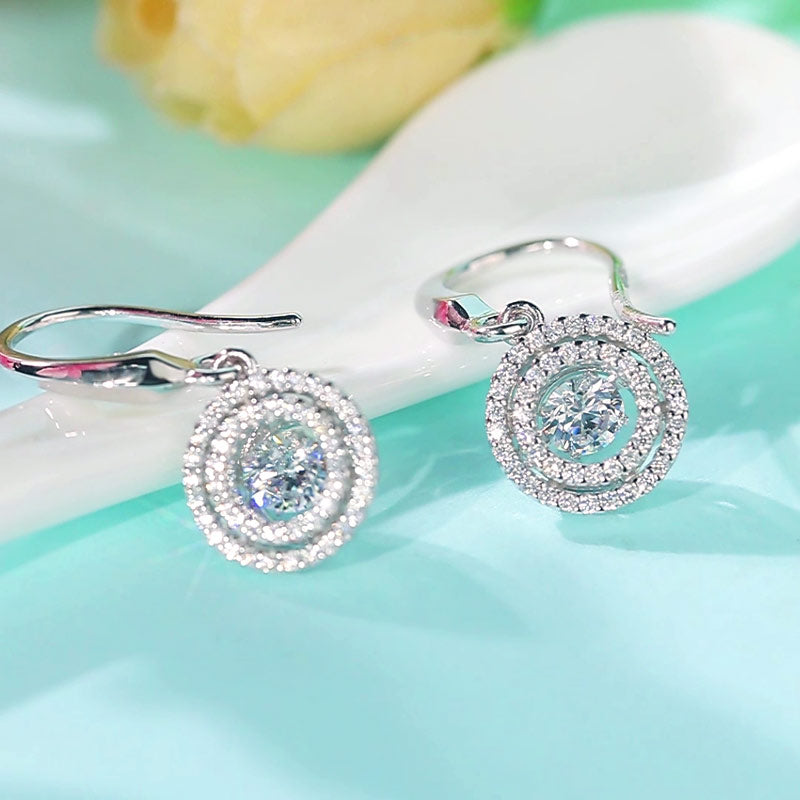 Double Halo Round Cut Dancing Created Diamond Dangle Earrings 925 Sterling Silver