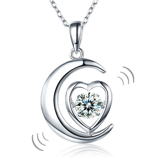 Moon Heart Dancing Diamond Necklace 925 Sterling Silver Necklaces