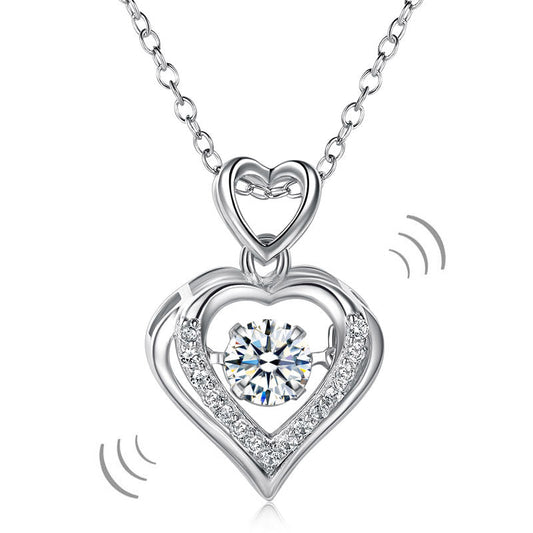 Double Heart Dancing Created Diamond Stone Pendant Necklace 925 Sterling Silver Necklaces