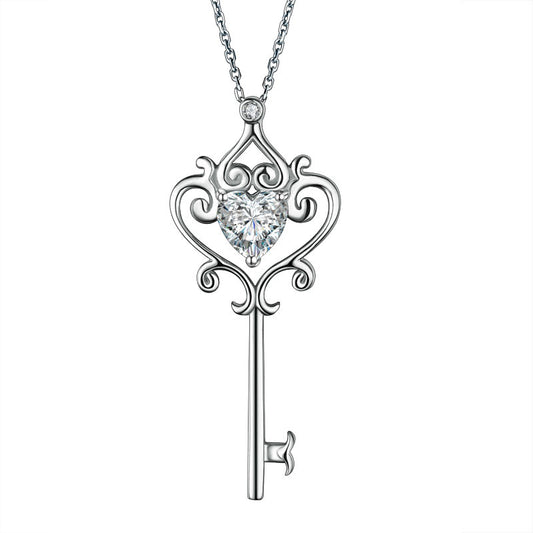 Heart Cut 1.5 Carat Created Diamond 925 Sterling Silver Pendant Key Necklace Necklaces