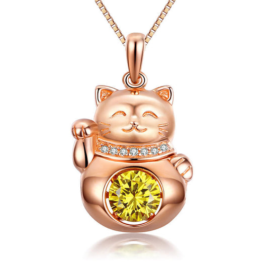 Lucky Cat Dancing Created Yellow Diamond Pendant Necklace 925 Sterling Silver Rose Gold Finish