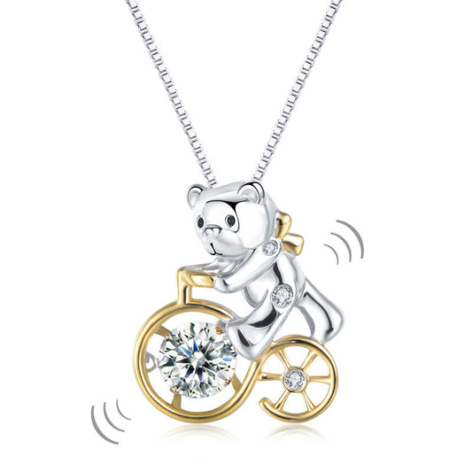 Bear Ride Bicycle Dancing Stone Pendant Necklace 925 Sterling Silver XFN8103