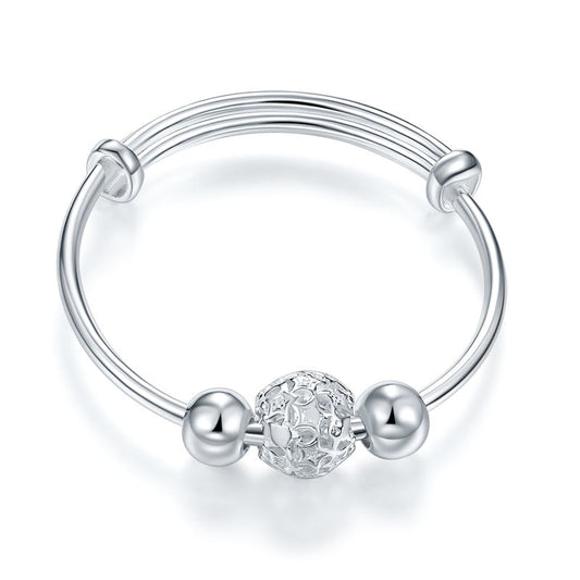 Newborn Baby 999 Pure Silver Flower Ball Bangle Bracelets