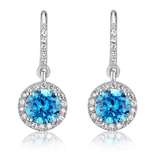 1.5 Carat Round Cut Halo Created Blue Diamond Dangle Earrings 925 Sterling Silver