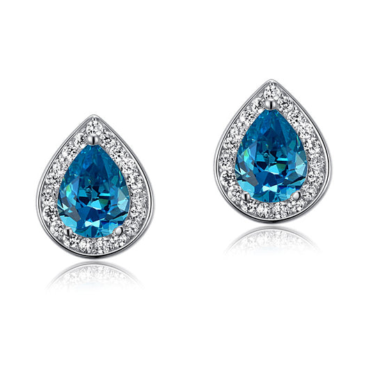 1 Carat Pear Cut Created Blue Diamond Stud Earrings 925 Sterling Silver