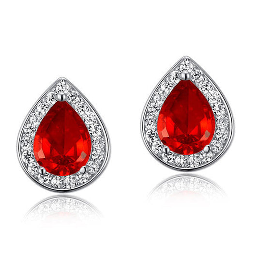 1 Carat Pear Cut Red Created Diamond Ruby Stud Earrings 925 Sterling Silver