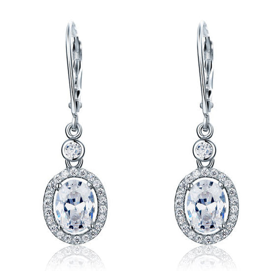 1.5 Carat Oval Cut Halo Created Diamond Dangle Earrings 925 Sterling Silver