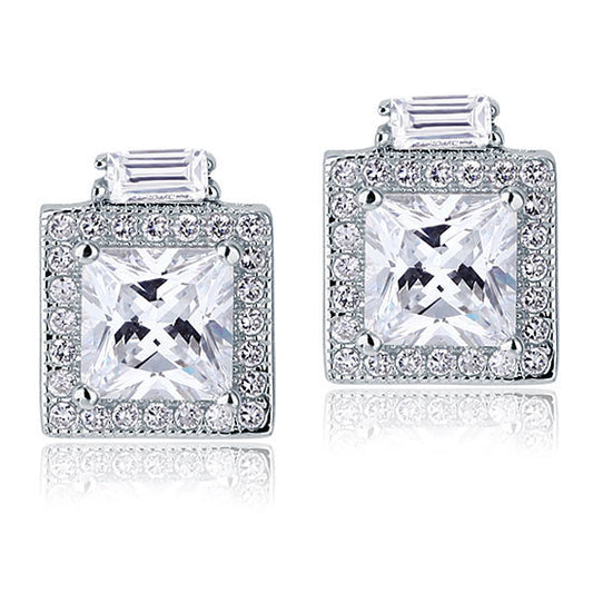 Art Deco 2 Carat Princess Cut Halo Created Diamond Stud Earrings 925 Sterling Silver