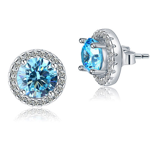 2.5 Carat Round Created Blue Diamond Halo (Removable) Stud Earrings 925 Sterling Silver